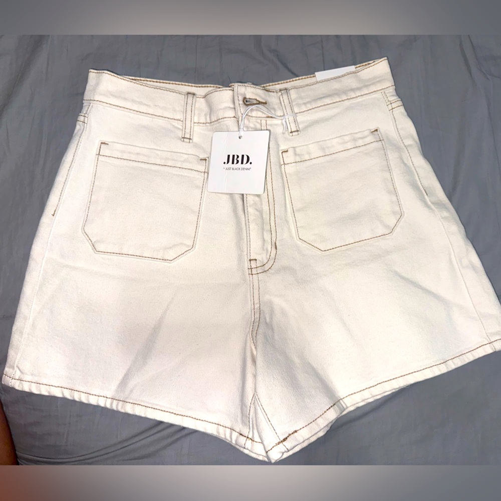 NWT Just black denim- off white patch pocket shorts. LARGE.